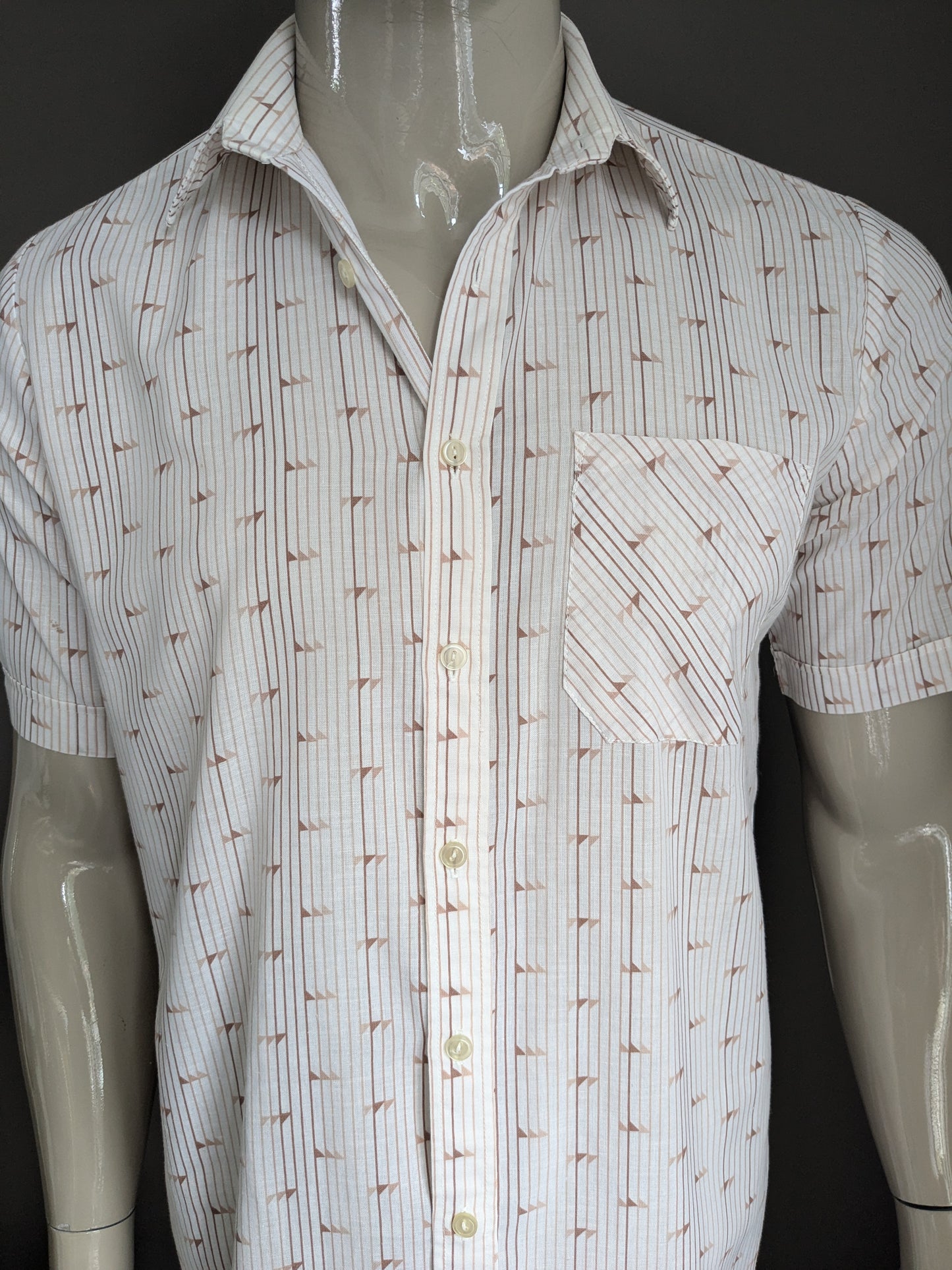 Vintage de la camisa corta de la camisa de Polane de los 70. Impresión beige marrón. Talla L.