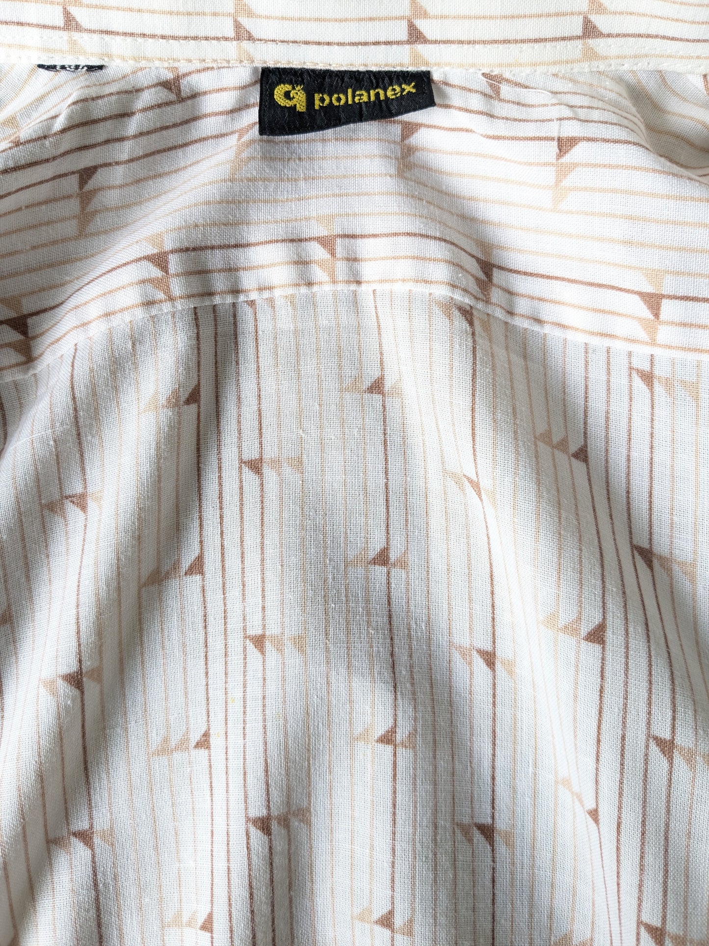 Vintage de la camisa corta de la camisa de Polane de los 70. Impresión beige marrón. Talla L.