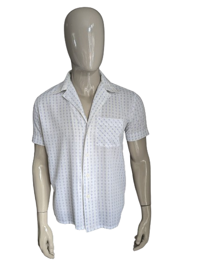 Camisa Fekon Vintage de los 70 manga corta. Estampado blanco azul. Talla L.