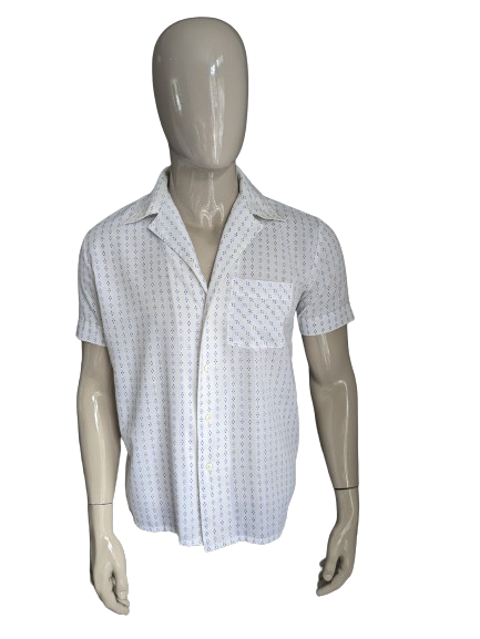 Camisa Fekon Vintage de los 70 manga corta. Estampado blanco azul. Talla L.