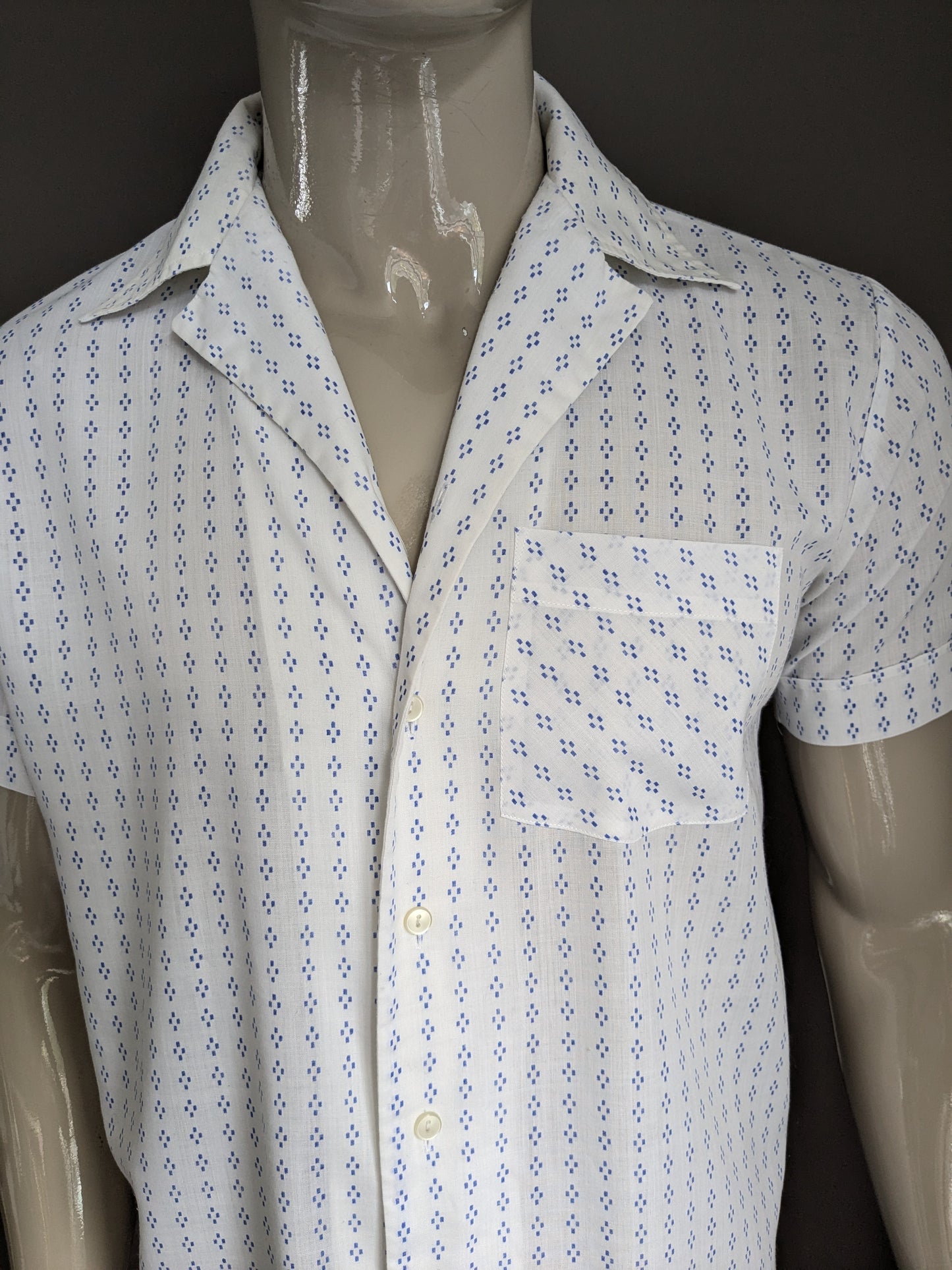 Vintage 70's Fekon overhemd korte mouw. Blauw Witte print. Maat L.