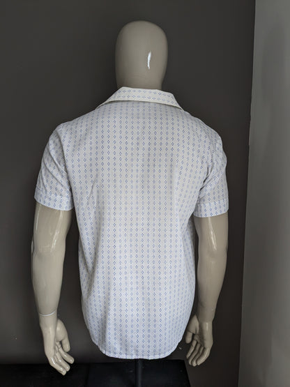 Vintage 70's fekon shirt short sleeve. Blue white print. Size L.