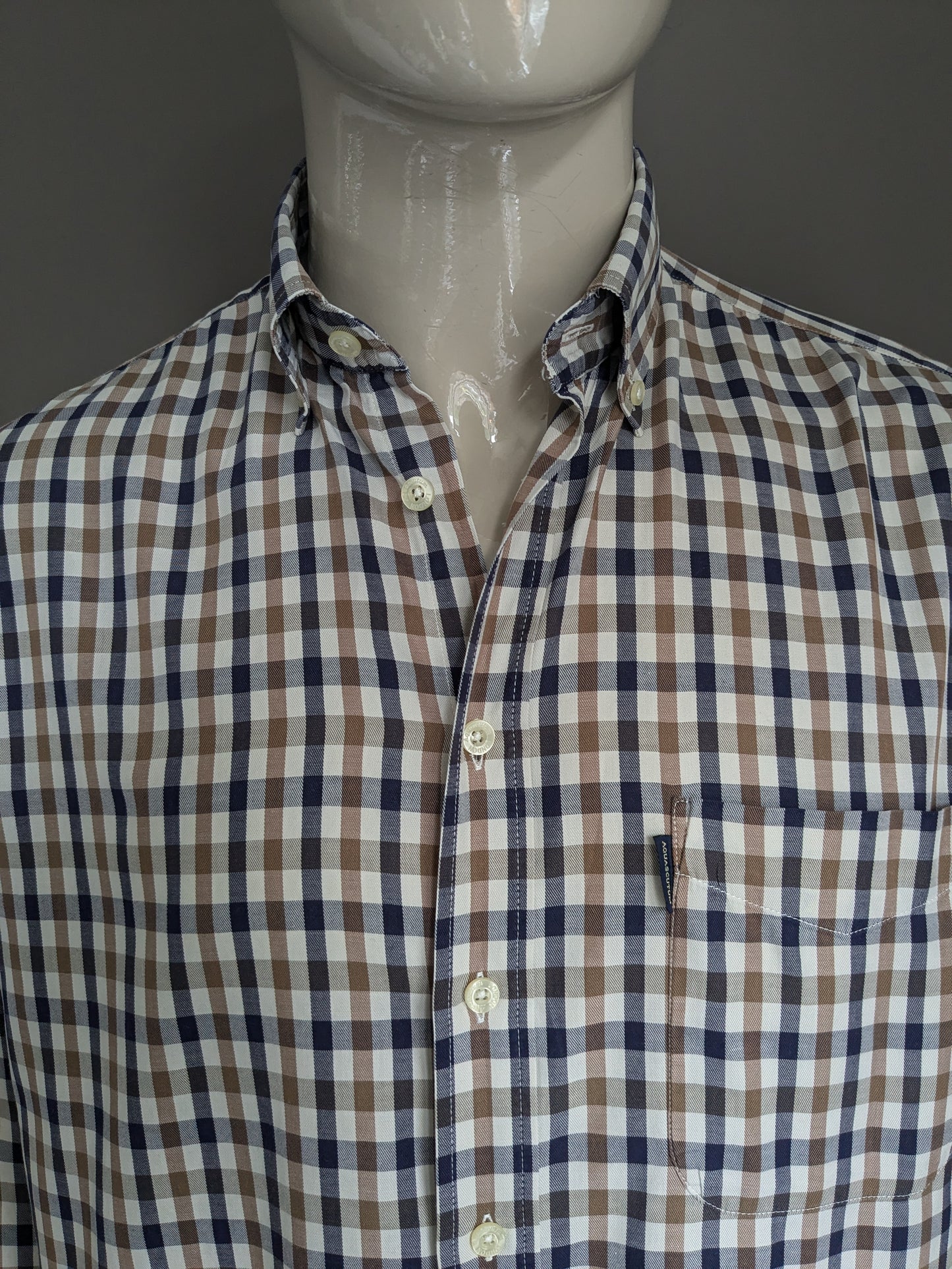 Aquascutum overhemd. Bruin Blauw Beige geblokt. Maat L / XL.