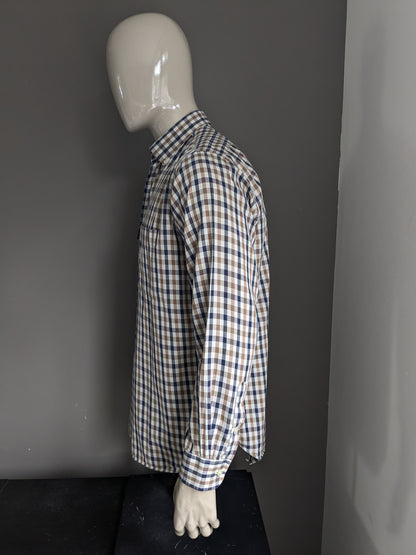 Camicia acquascutum. Beige blu marrone bloccato. Taglia L / XL.