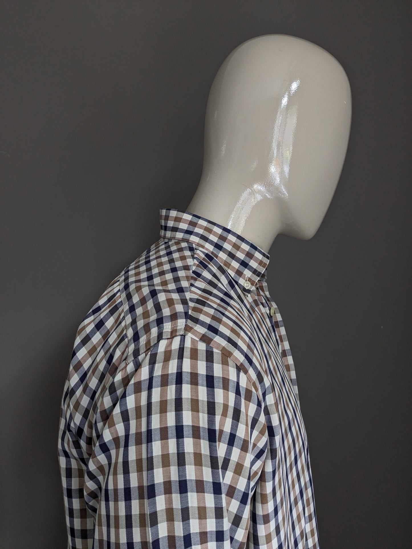 Camicia acquascutum. Beige blu marrone bloccato. Taglia L / XL.