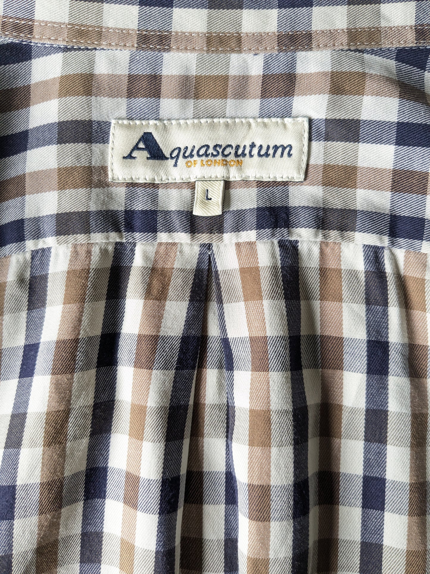 Aquascutum overhemd. Bruin Blauw Beige geblokt. Maat L / XL.