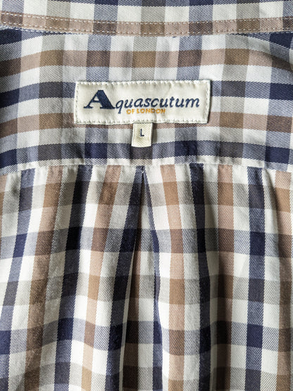 Camisa de Aquascutum. Beige azul marrón bloqueado. Tamaño L / XL.