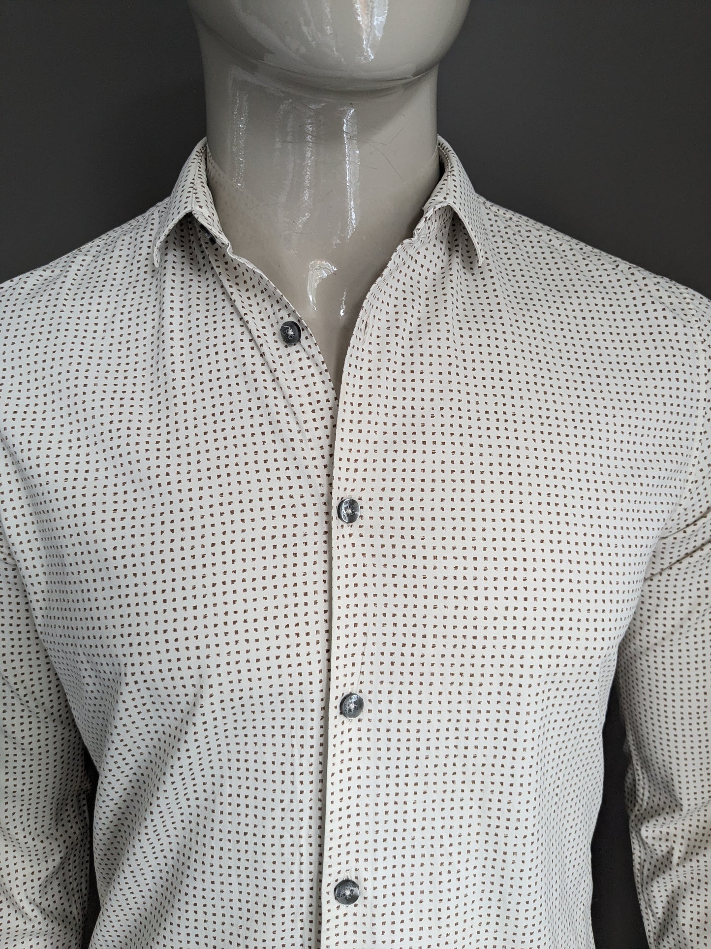 Camicia in ghisa. BEIGE Brown Print. Taglia M. Allungamento.