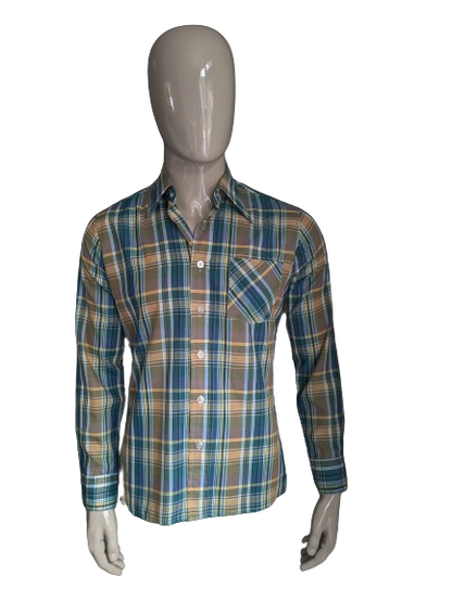 Vintage 70's Gerry Duncan shirt with point collar. Green blue yellow checkered. Size M.