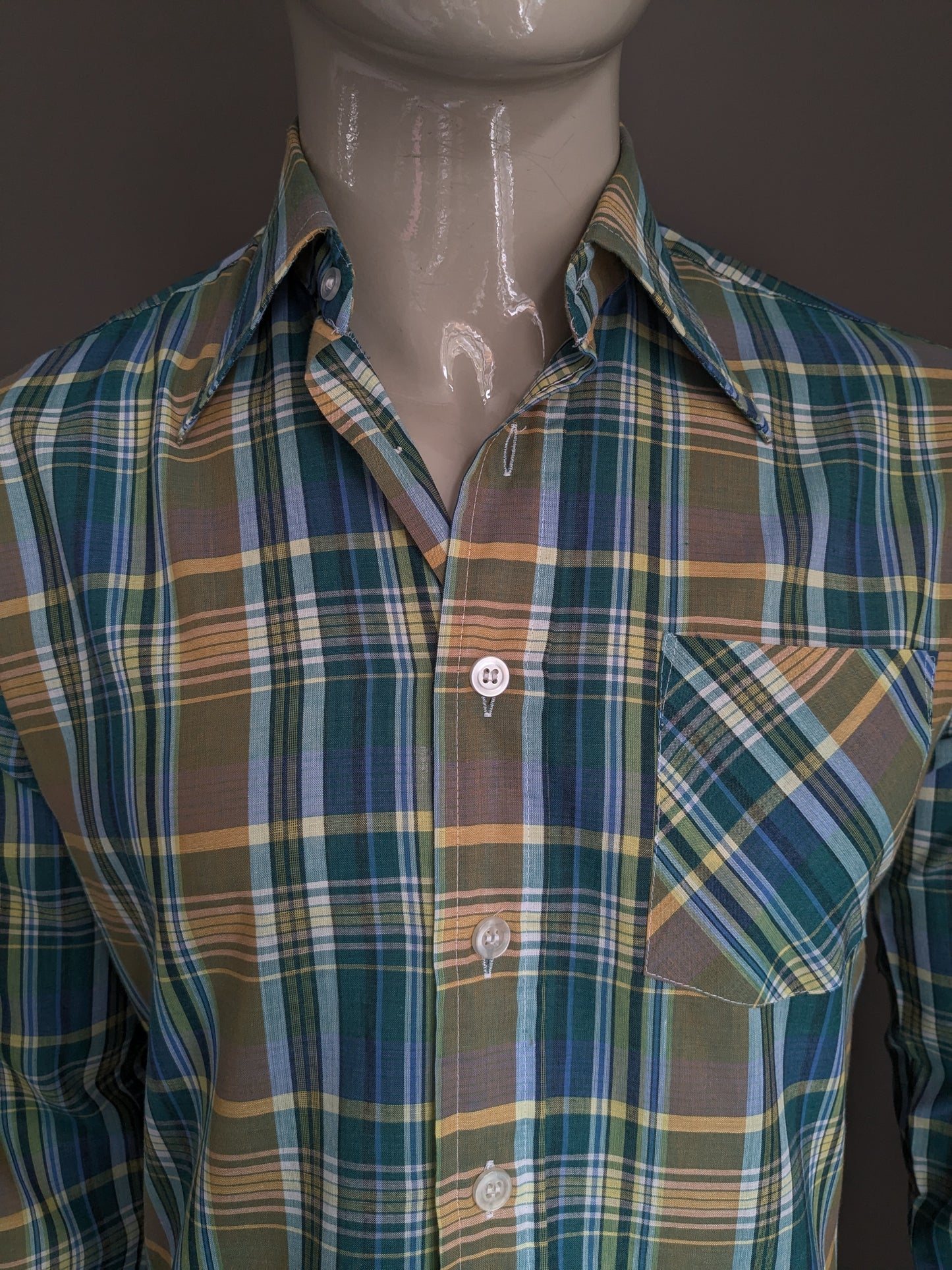 Camicia Gerry Duncan degli anni '70 vintage con colletto punti. A scacchi giallo blu verde. Taglia M.