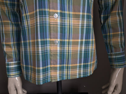 Vintage 70's Gerry Duncan shirt with point collar. Green blue yellow checkered. Size M.