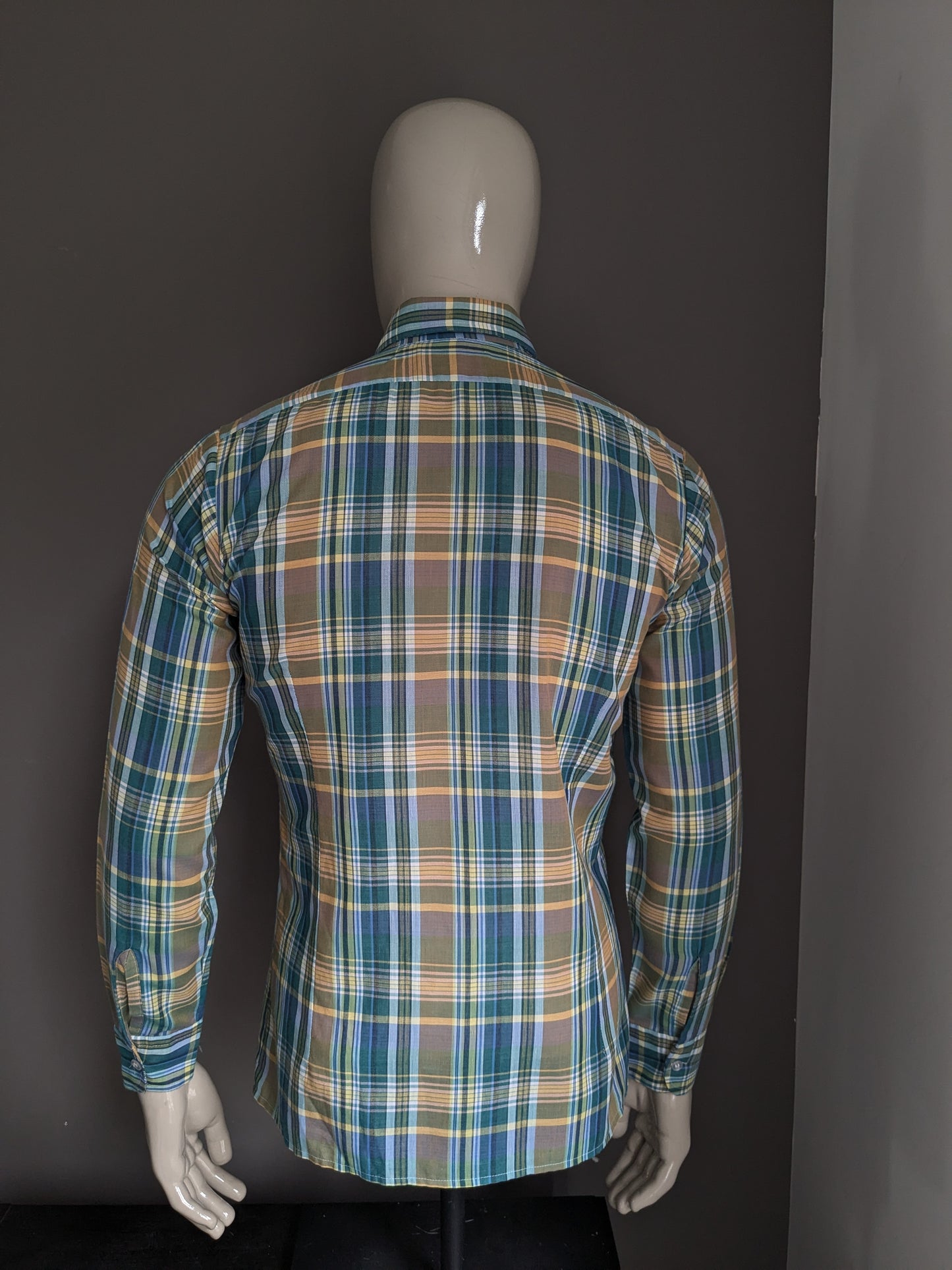 Camicia Gerry Duncan degli anni '70 vintage con colletto punti. A scacchi giallo blu verde. Taglia M.