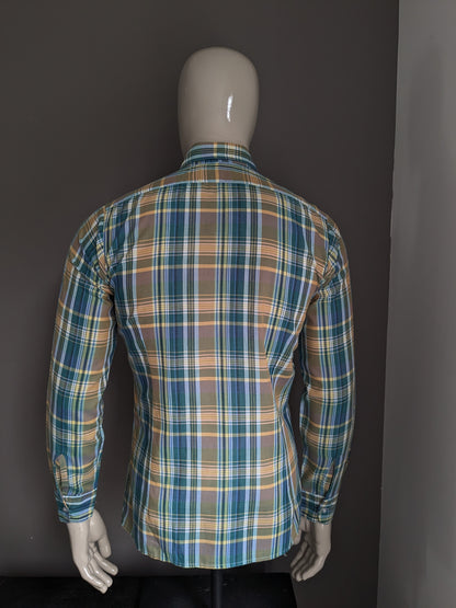 Vintage 70's Gerry Duncan shirt with point collar. Green blue yellow checkered. Size M.