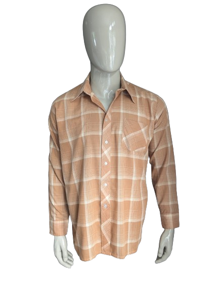 Camisa exclusiva Vintage 70 con cuello de puntos. Brown Beige Checker. Tamaño xl.