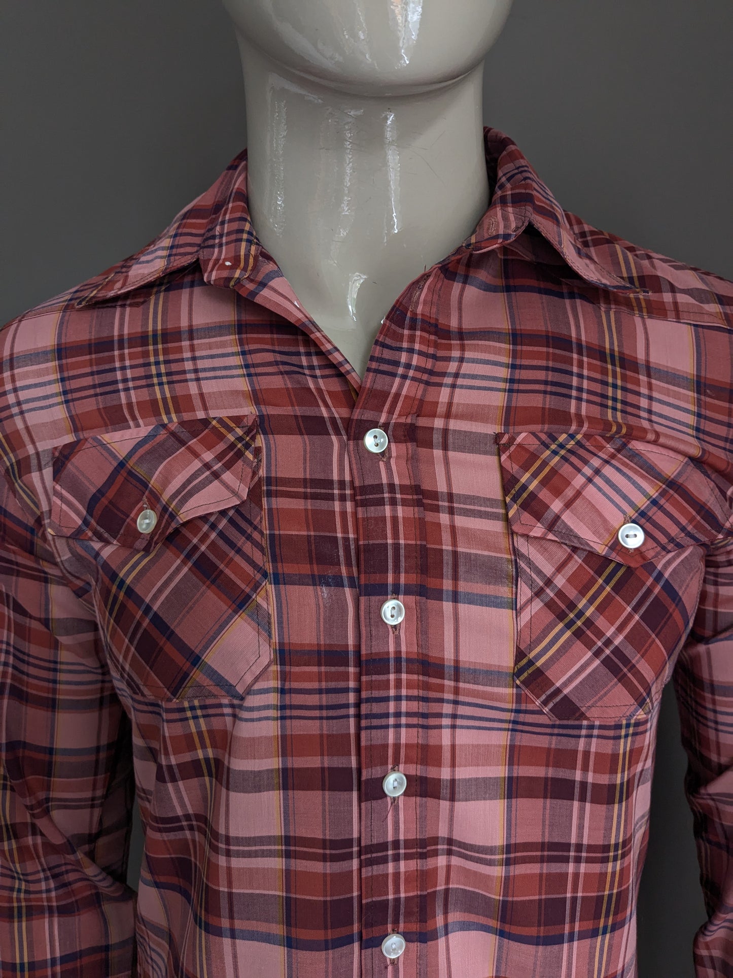 Camicia Lutha vintage degli anni '70 con colletto punti. Bordeaux giallo blu controllato. Taglia M.