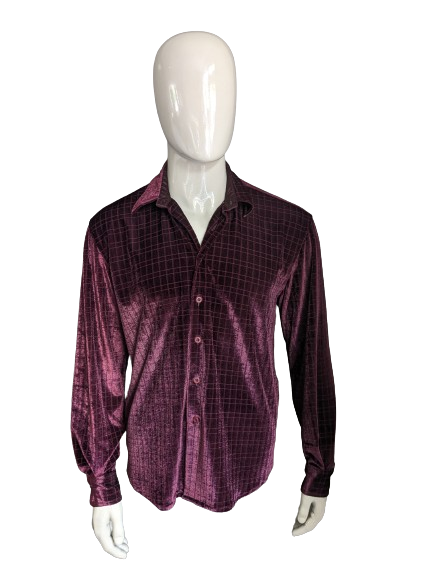 Vintage velvet look shirt. Bordeaux blocked motif. Size L.