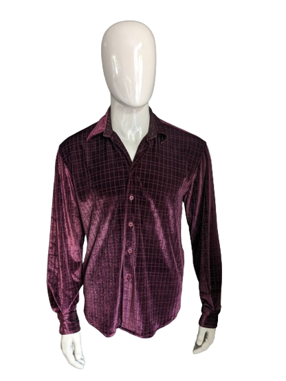 Vintage velvet look shirt. Bordeaux blocked motif. Size L.