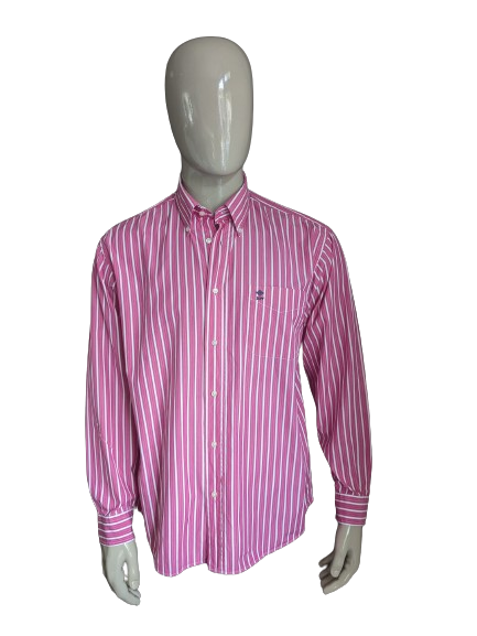 Camicia del fiume Woods. Strisce bianche rosa. Taglia L / XL