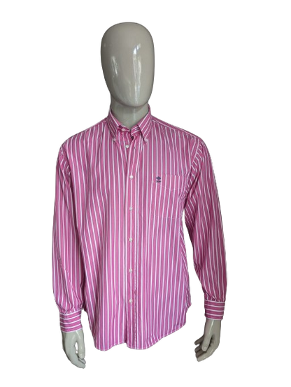 Camisa de bosques de río. Rayas blancas rosadas. Tamaño l / xl