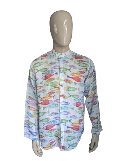 Camicia di lino con mao / agricoltori / colletto rialzato. Bella stampa di pesce colorata. Dimensione XXL / 2XL