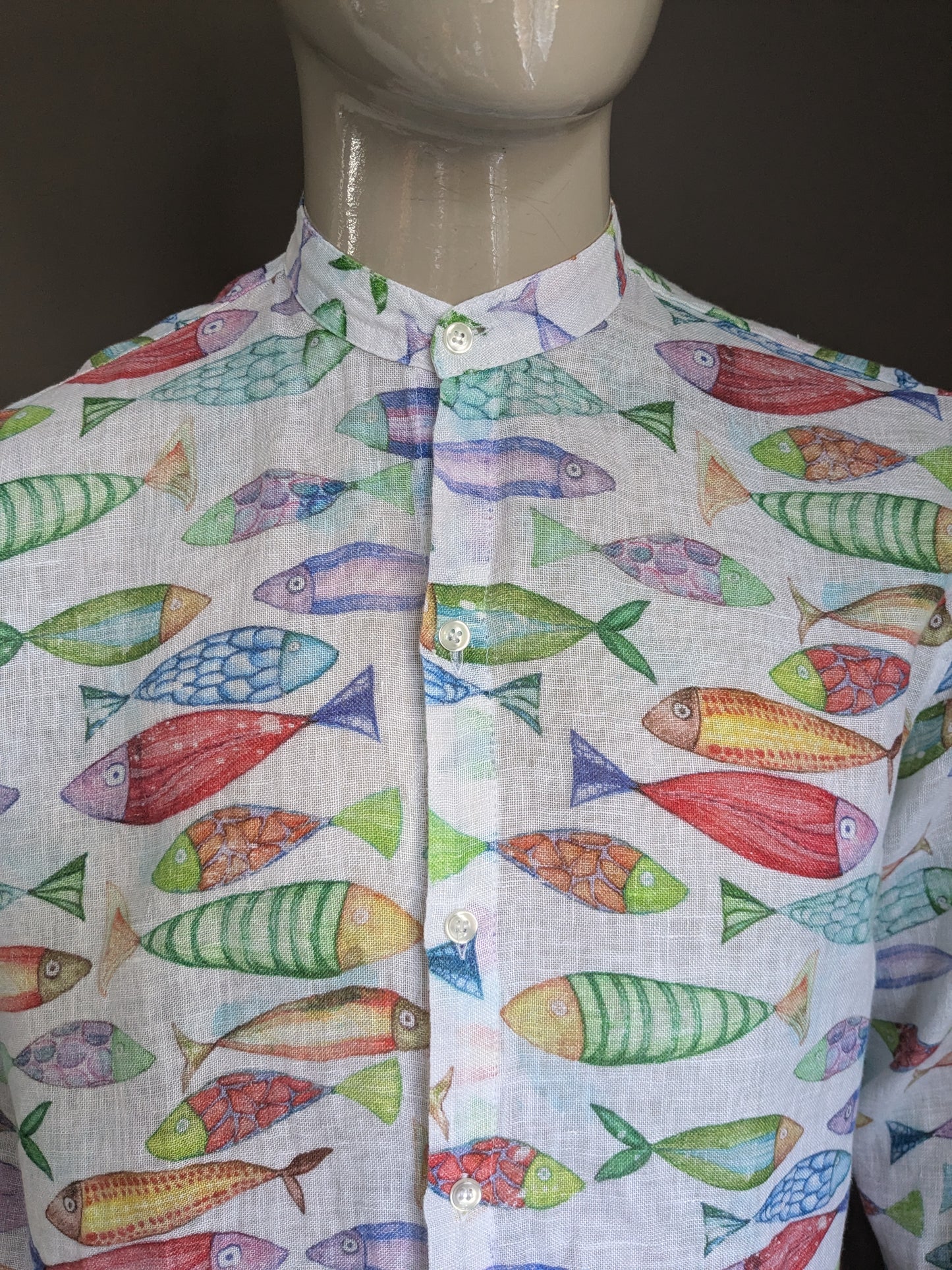 Leinenhemd mit MAO / Bauern / Angehobener Kragen. Schöner farbiger Fischdruck. Größe xxl / 2xl