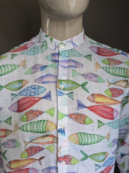 Linen shirt with mao / farmers / raised collar. Beautiful colored fish print. Size XXL / 2XL