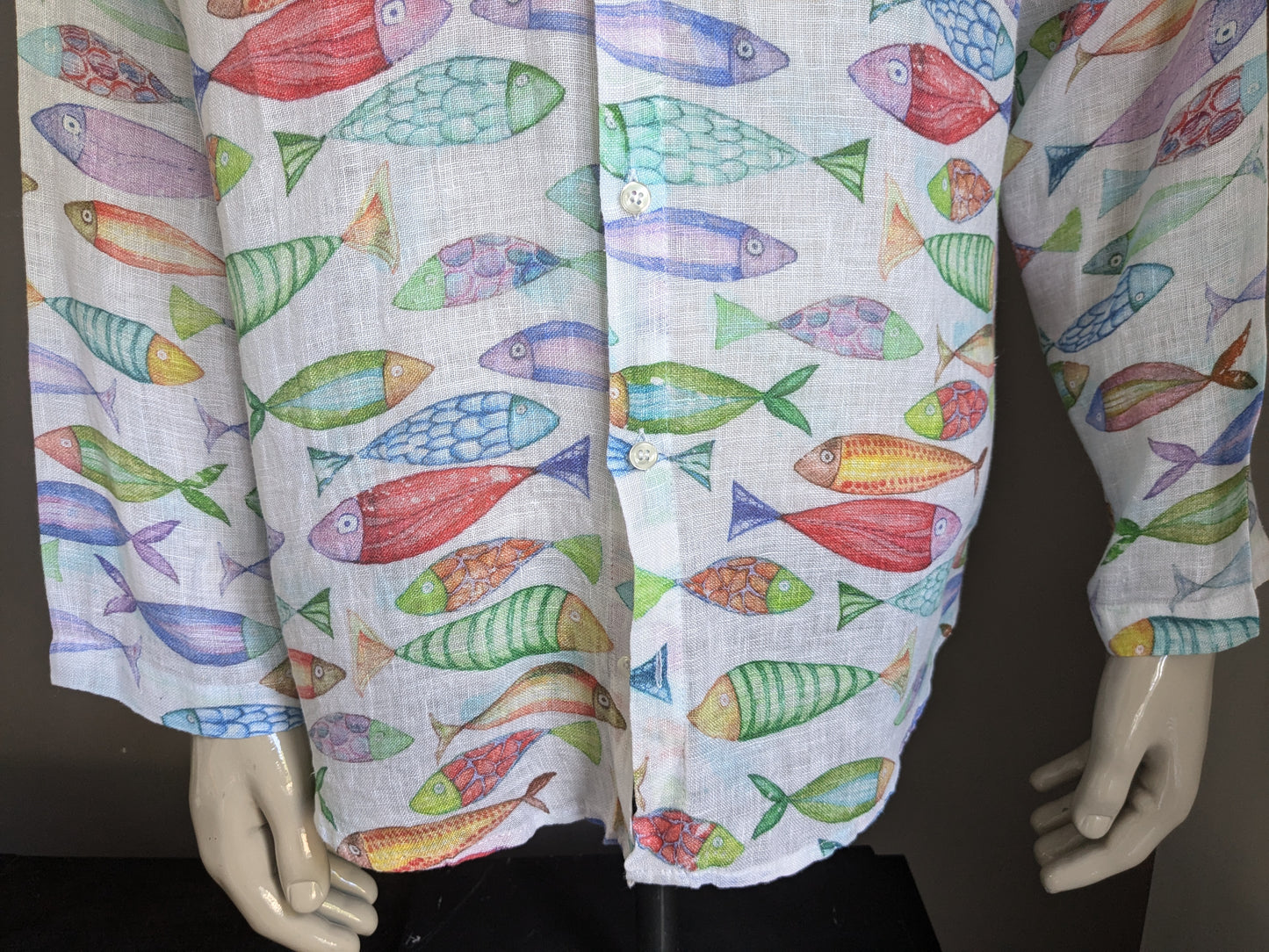 Camisa de lino con mao / granjeros / cuello elevado. Hermoso estampado de pescado de colores. Tamaño xxl / 2xl