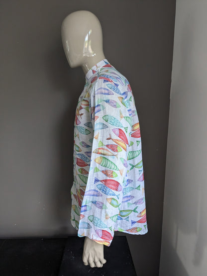 Camisa de lino con mao / granjeros / cuello elevado. Hermoso estampado de pescado de colores. Tamaño xxl / 2xl