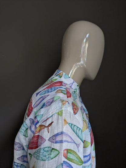 Camisa de lino con mao / granjeros / cuello elevado. Hermoso estampado de pescado de colores. Tamaño xxl / 2xl