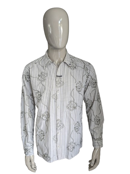 Chemise gotcha vintage. Motif floral brodé vert beige gris. Taille L.