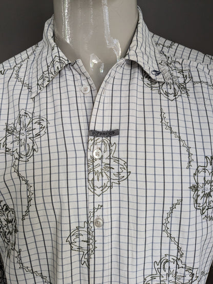 Chemise gotcha vintage. Motif floral brodé vert beige gris. Taille L.