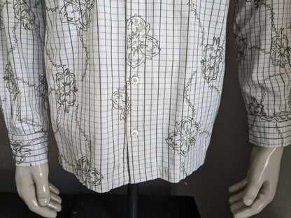 Camicia vintage gotcha. Motivo floreale ricamato verde beige grigio. Taglia L.