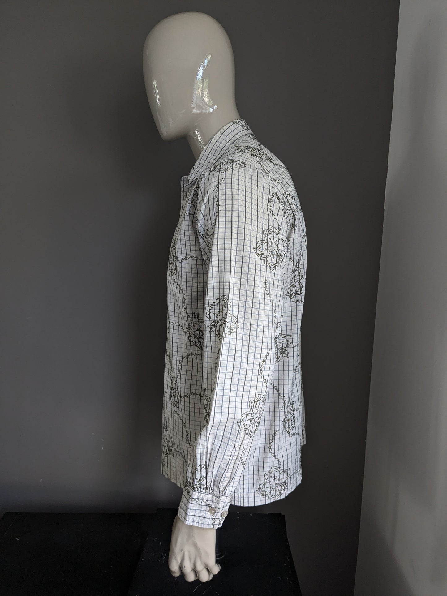 Camicia vintage gotcha. Motivo floreale ricamato verde beige grigio. Taglia L.