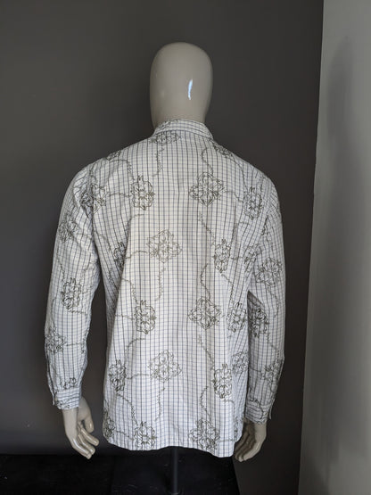 Chemise gotcha vintage. Motif floral brodé vert beige gris. Taille L.