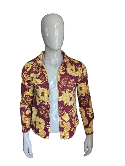 Chemise anime mangay vintage. Impression de dragon jaune Bordeaux. Taille S.