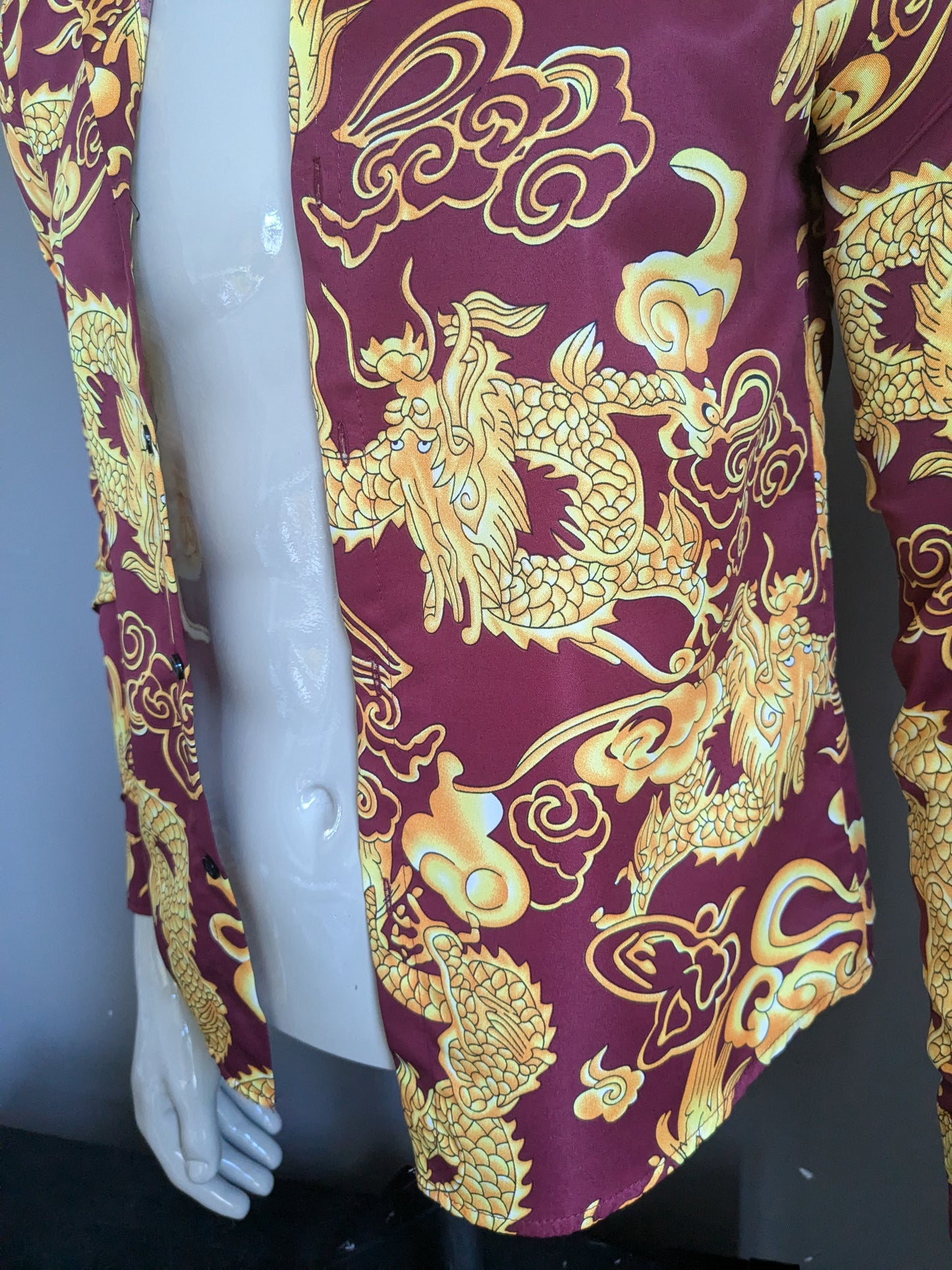 Vintage mangay anime shirt. Bordeaux yellow dragon print. Size S.