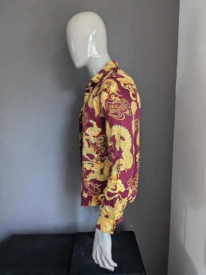 Camicia anime mangay vintage. Stampa di drago giallo Bordeaux. Taglia S.