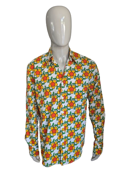 Shirt Paul Panzer. Fiori verdi gialli arancioni stampati con collare punti '70. Dimensione XL / XXL