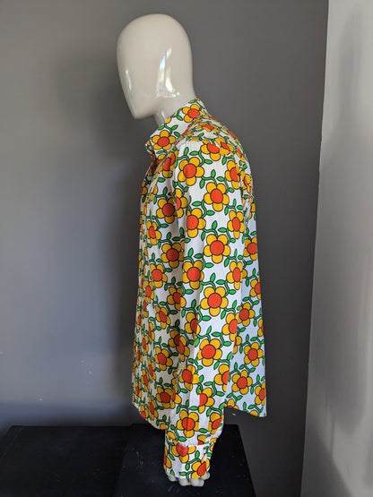 Paul Panzer overhemd. Oranje geel groene bloemen print met 70's puntkraag. Maat XL / XXL