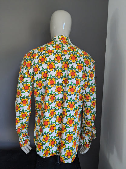 Shirt Paul Panzer. Fiori verdi gialli arancioni stampati con collare punti '70. Dimensione XL / XXL