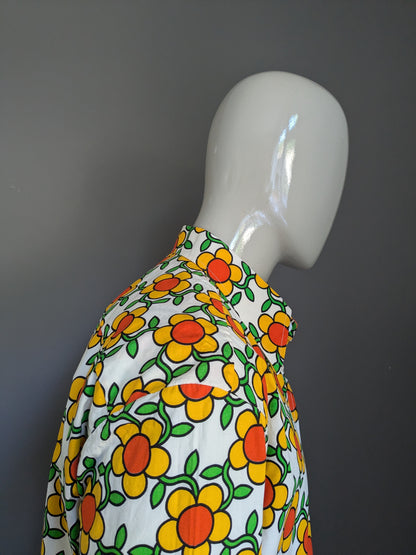 Paul Panzer shirt. Orange yellow green flowers print with 70's point collar. Size XL / XXL