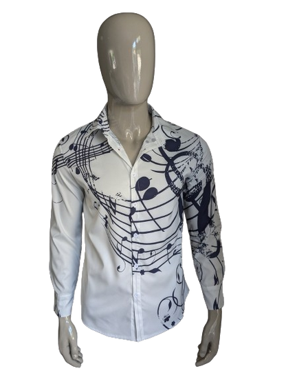 Polyester overhemd. Wit blauwe muzieknoten print. Maat M.