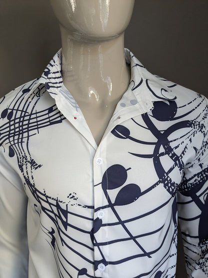 Camisa de poliéster. Notas musicales azules blancos impresión. Talla M.