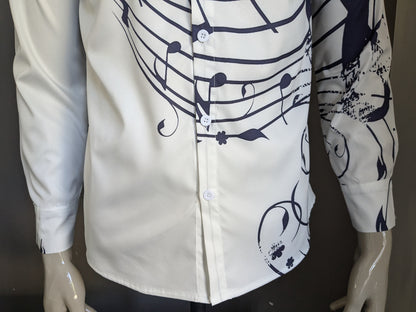 Camicia in poliestere. Note musicali blu bianco stampa. Taglia M.