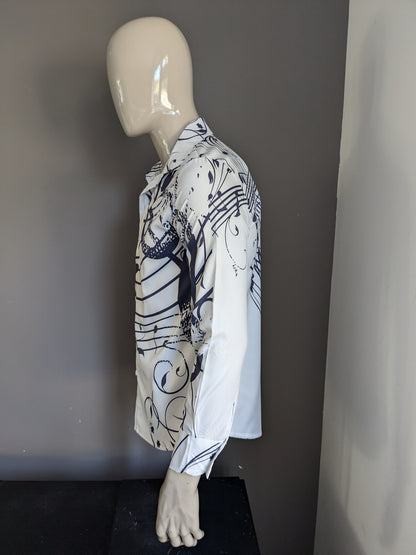 Polyester shirt. White blue musical notes print. Size M.