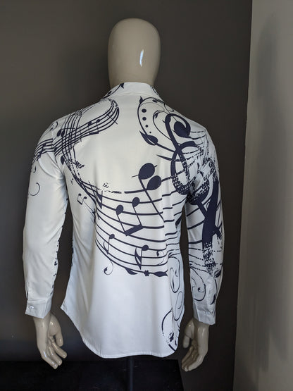 Camisa de poliéster. Notas musicales azules blancos impresión. Talla M.