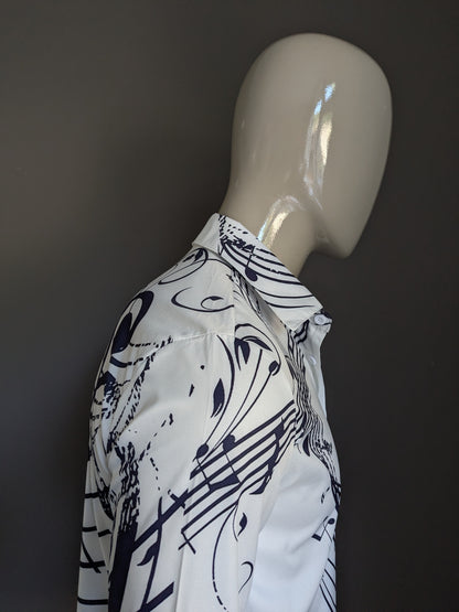 Polyester overhemd. Wit blauwe muzieknoten print. Maat M.