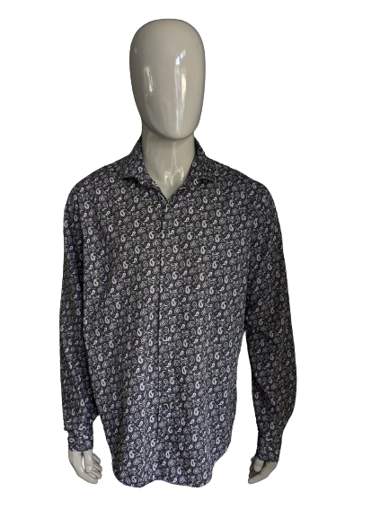 Camicia del settore blu. Stampa rosa grigio viola. Taglia 44 / XL.