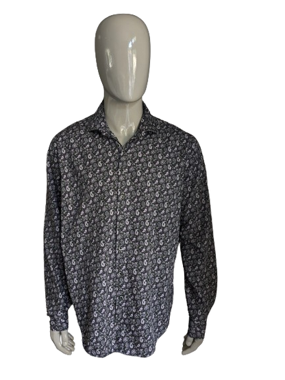 Camicia del settore blu. Stampa rosa grigio viola. Taglia 44 / XL.