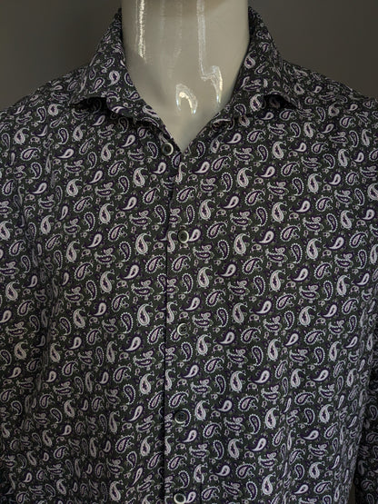 Blue industry shirt. Purple gray pink print. Size 44 / XL.